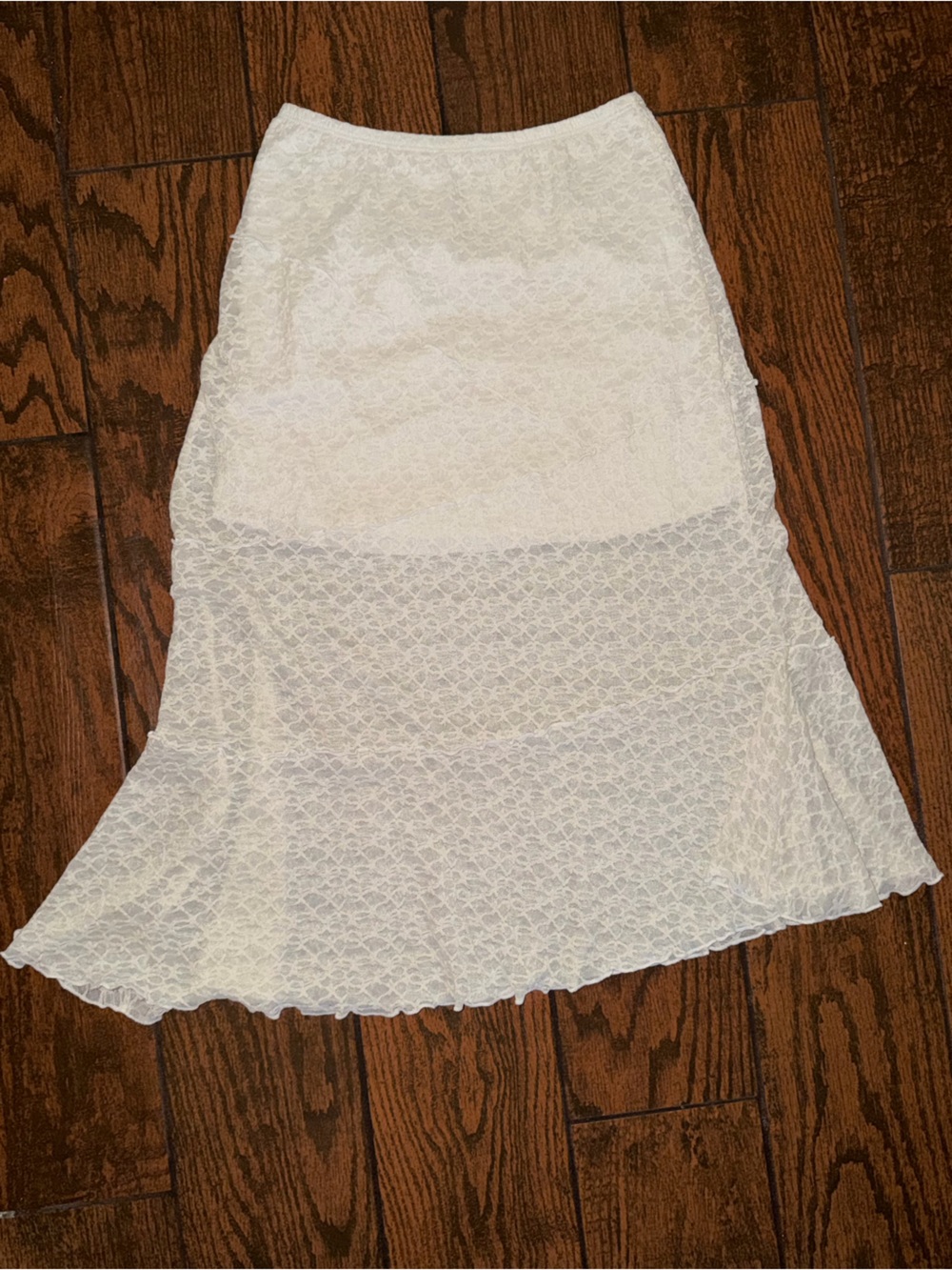 See You Monday White Lace Asymmetrical Midi Skirt